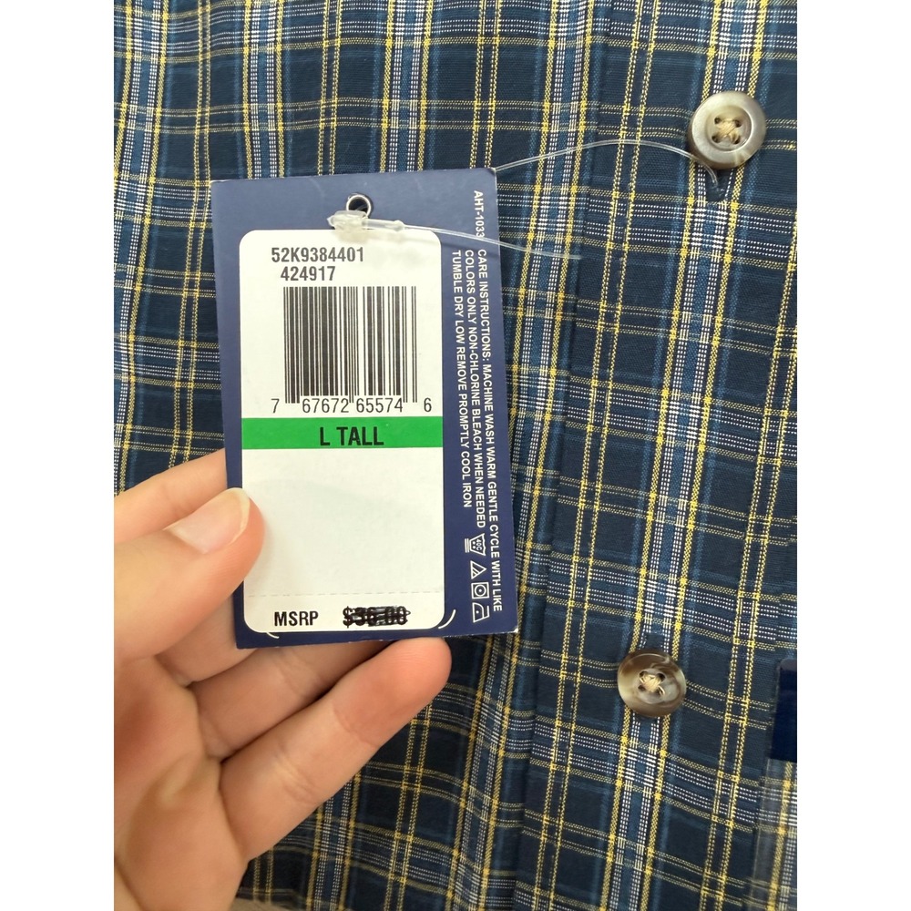 Arrow USA 1851 Mens Large Tall Plaid Button Down Shirt Wrinkle Free Navy Yellow - Picture 2 of 8